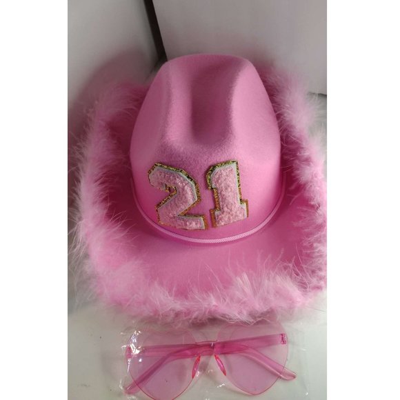 Handmade Accessories - NEW 21 Birthday Cowgirl Hat with Fluffy Feathers Glasses Novelty Cowboy pink Hat